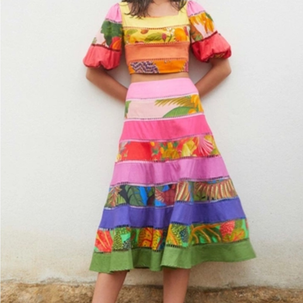 FARM Rio Set Rainbow Mixed Print Tiered Puff Sleeve Cropped Blouse & Skirt
